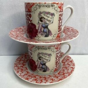 Vintage Gloria Vanderbilt 2 Piece Set Demi Teacups‎ & Saucers Mushrooms Reds